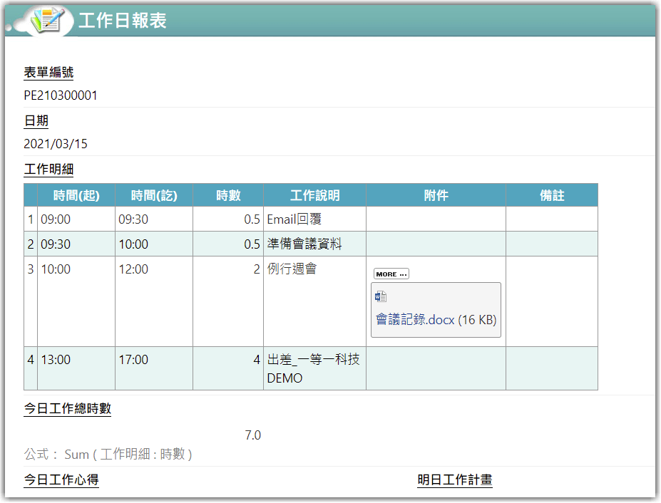 透過電子簽核表單填寫工作日誌